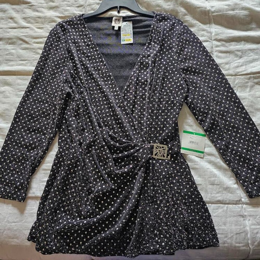Anne Klein Black and Silver Blouse Size Large Night out - BRAND NEW WITH TAGS!